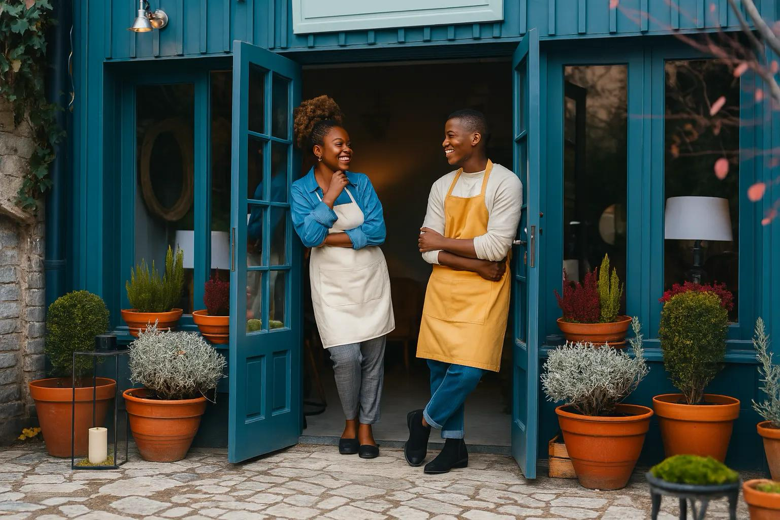 Deux propriétaires d'entreprise devant leur commerce
