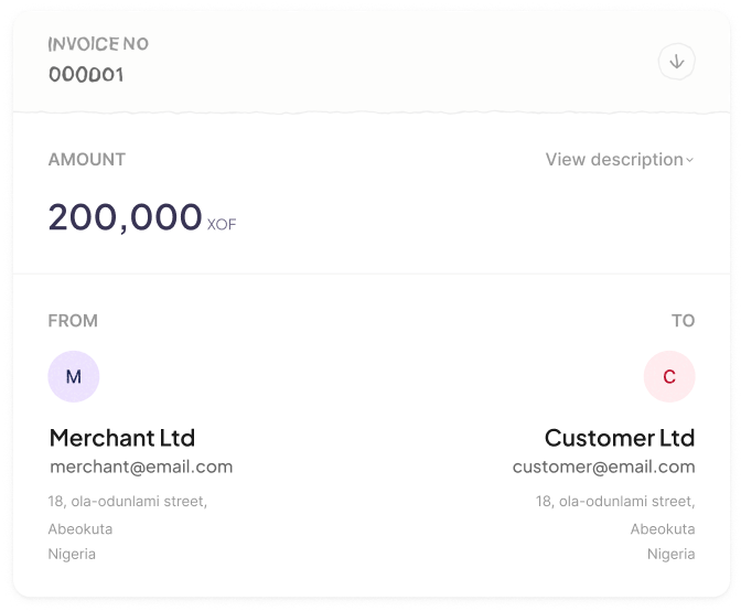 Interface de facture Finco présentant les détails de paiement d'un projet