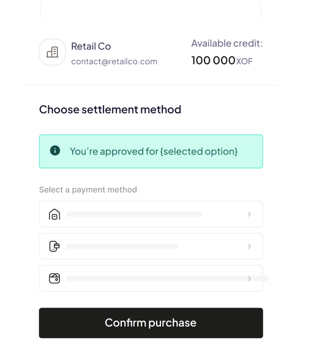 Interface de paiement différé B2B présentant le crédit disponible et les options de règlement