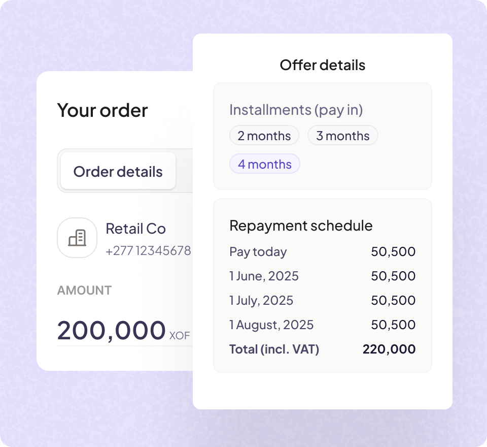 Interface Finco d'achat immédiat avec paiement différé et échéancier